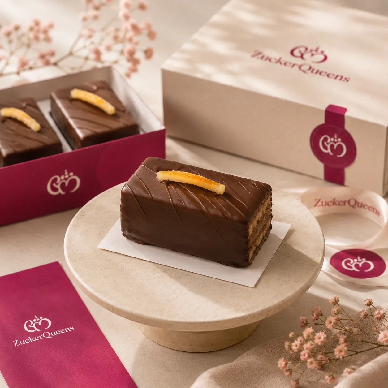 Kuchenstück mit Schokoladenglasur und ZuckerQueens Verpackung
