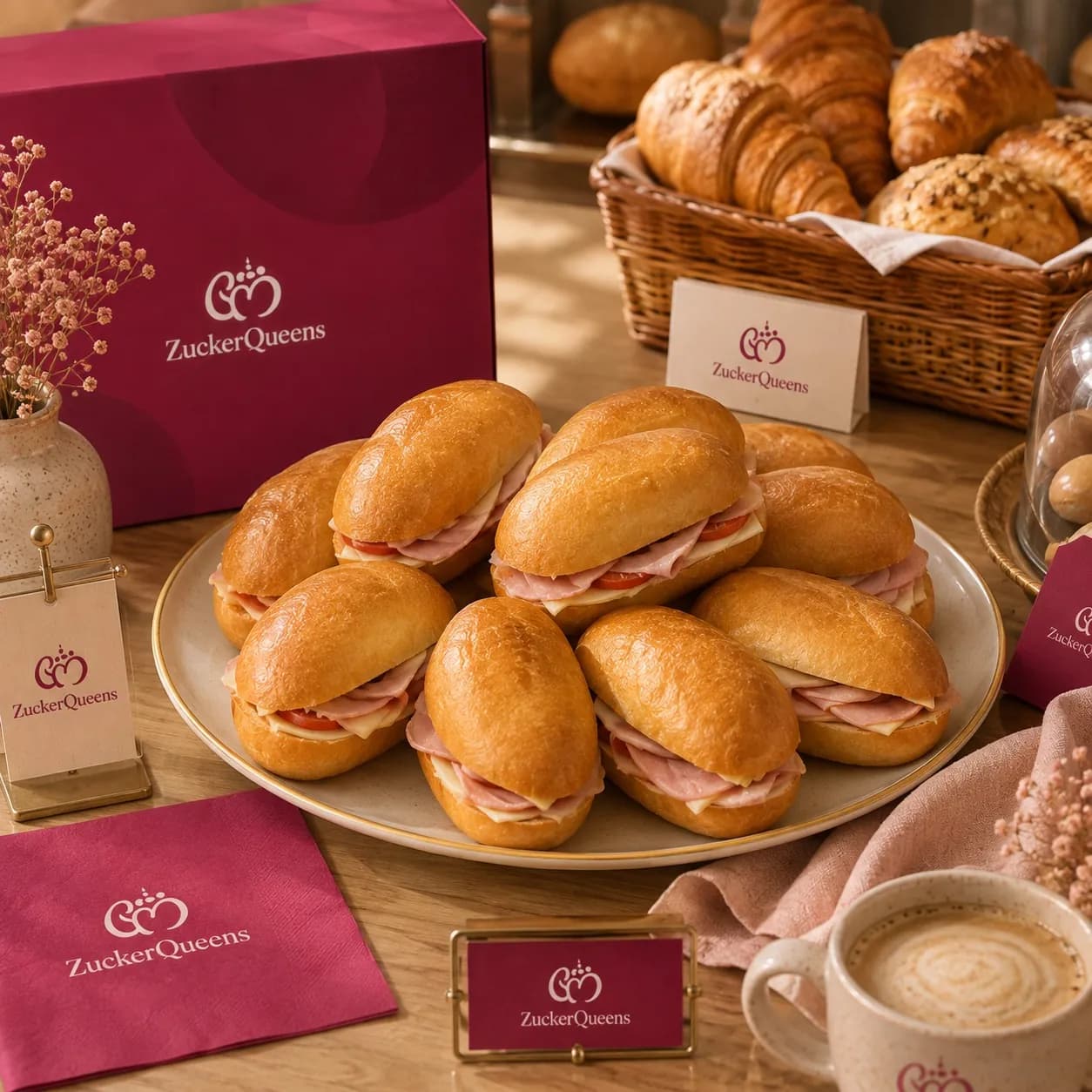 Belegte Brötchen auf einer Platte mit ZuckerQueens Branding