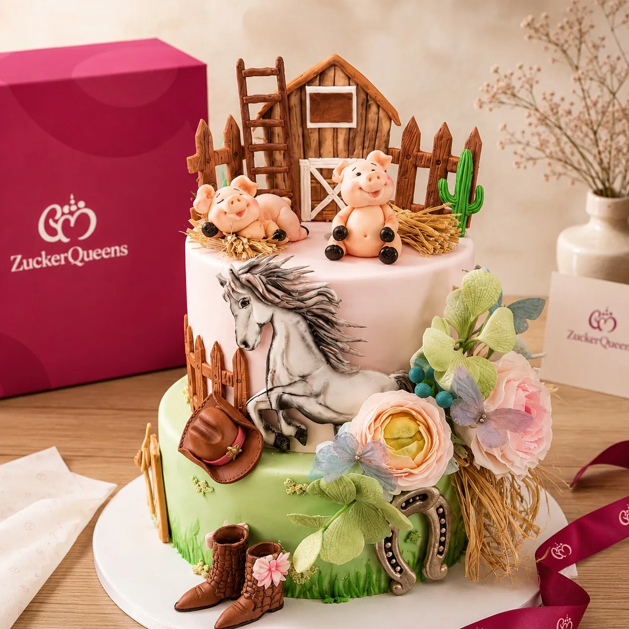 Mehrstöckige Motivtorte mit Hof-, Pferde- und Blütendetails