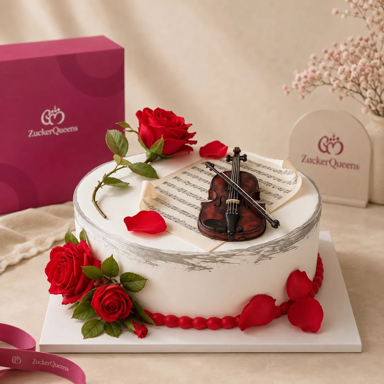 Weiße Torte mit Rosen und Geigenmotiv vor ZuckerQueens Verpackung
